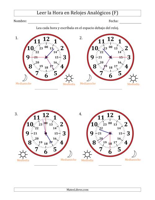 La hoja de ejercicios de Leer la Hora en Relojes Analógicos de 24 Horas en Intervalos de 15 Segundo (4 Relojes Grandes) (F)