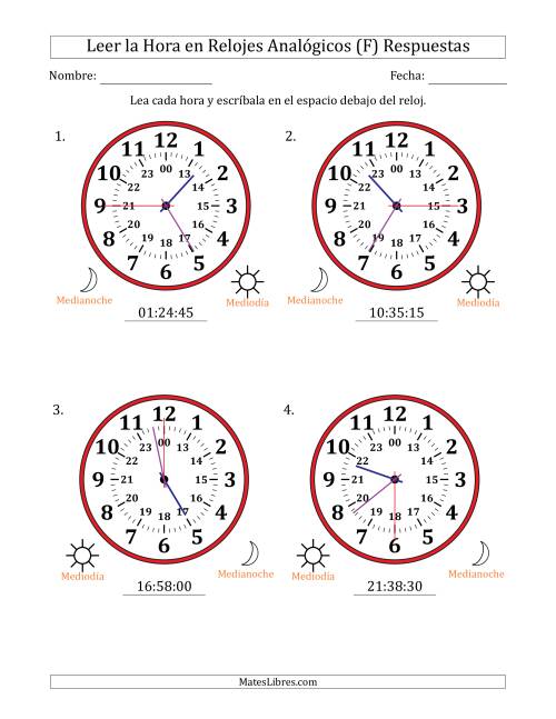 La hoja de ejercicios de Leer la Hora en Relojes Analógicos de 24 Horas en Intervalos de 15 Segundo (4 Relojes Grandes) (F) Página 2