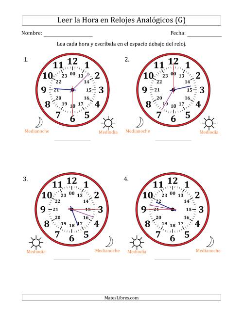 La hoja de ejercicios de Leer la Hora en Relojes Analógicos de 24 Horas en Intervalos de 15 Segundo (4 Relojes Grandes) (G)