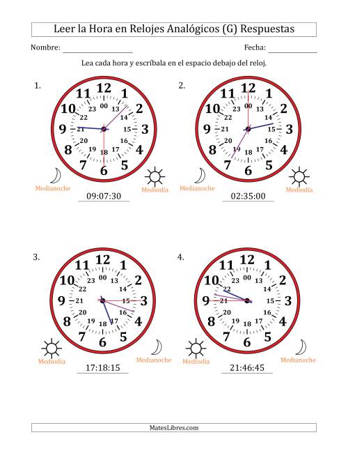 La hoja de ejercicios de Leer la Hora en Relojes Analógicos de 24 Horas en Intervalos de 15 Segundo (4 Relojes Grandes) (G) Página 2