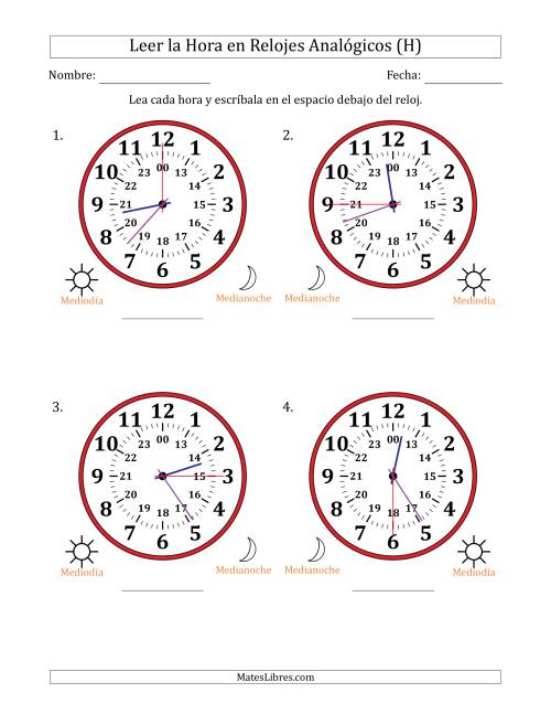 La hoja de ejercicios de Leer la Hora en Relojes Analógicos de 24 Horas en Intervalos de 15 Segundo (4 Relojes Grandes) (H)