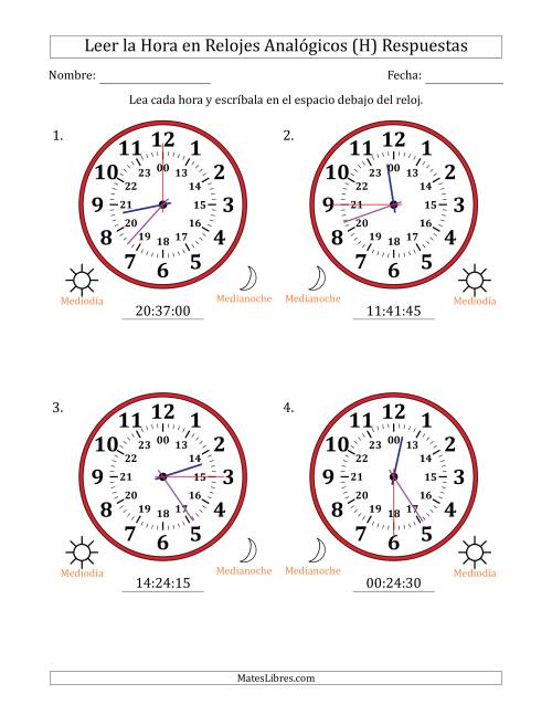 La hoja de ejercicios de Leer la Hora en Relojes Analógicos de 24 Horas en Intervalos de 15 Segundo (4 Relojes Grandes) (H) Página 2