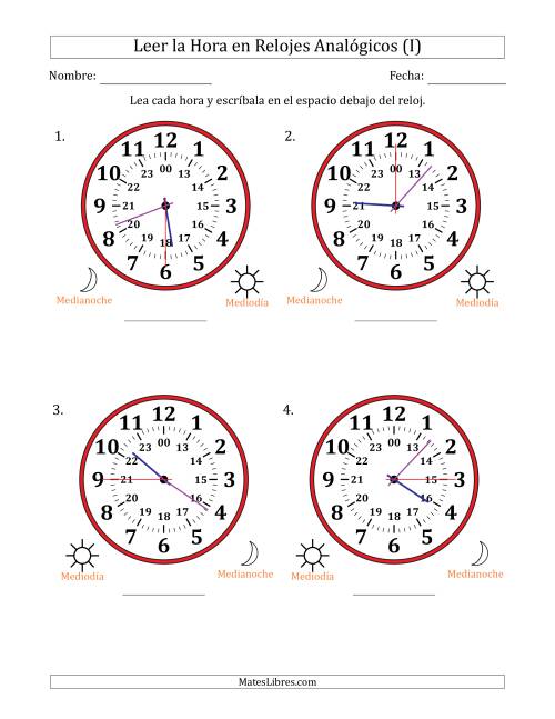 La hoja de ejercicios de Leer la Hora en Relojes Analógicos de 24 Horas en Intervalos de 15 Segundo (4 Relojes Grandes) (I)