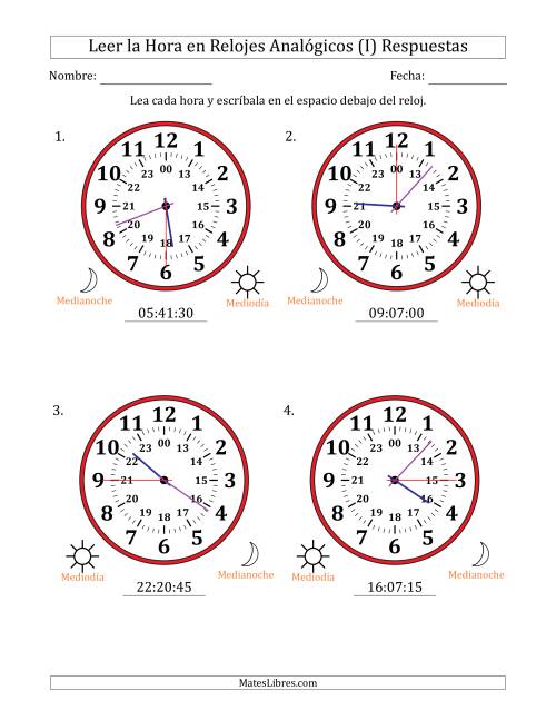 La hoja de ejercicios de Leer la Hora en Relojes Analógicos de 24 Horas en Intervalos de 15 Segundo (4 Relojes Grandes) (I) Página 2