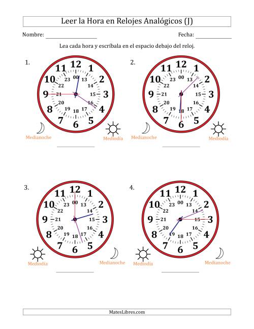 La hoja de ejercicios de Leer la Hora en Relojes Analógicos de 24 Horas en Intervalos de 15 Segundo (4 Relojes Grandes) (J)