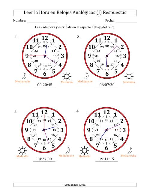 La hoja de ejercicios de Leer la Hora en Relojes Analógicos de 24 Horas en Intervalos de 15 Segundo (4 Relojes Grandes) (J) Página 2