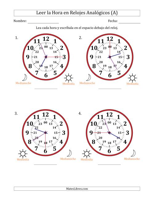 La hoja de ejercicios de Leer la Hora en Relojes Analógicos de 24 Horas en Intervalos de 15 Segundo (4 Relojes Grandes) (Todas)