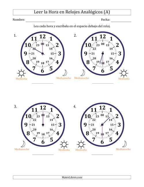 La hoja de ejercicios de Leer la Hora en Relojes Analógicos de 24 Horas en Intervalos de 30 Minuto (4 Relojes Grandes) (A)