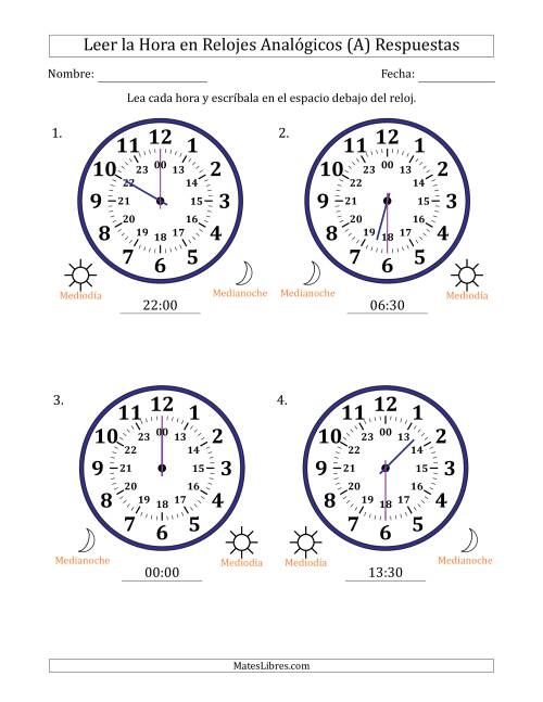 La hoja de ejercicios de Leer la Hora en Relojes Analógicos de 24 Horas en Intervalos de 30 Minuto (4 Relojes Grandes) (A) Página 2