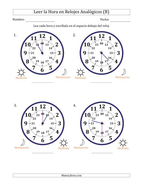 La hoja de ejercicios de Leer la Hora en Relojes Analógicos de 24 Horas en Intervalos de 30 Minuto (4 Relojes Grandes) (B)