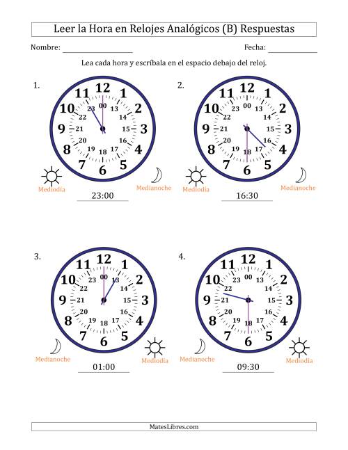 La hoja de ejercicios de Leer la Hora en Relojes Analógicos de 24 Horas en Intervalos de 30 Minuto (4 Relojes Grandes) (B) Página 2
