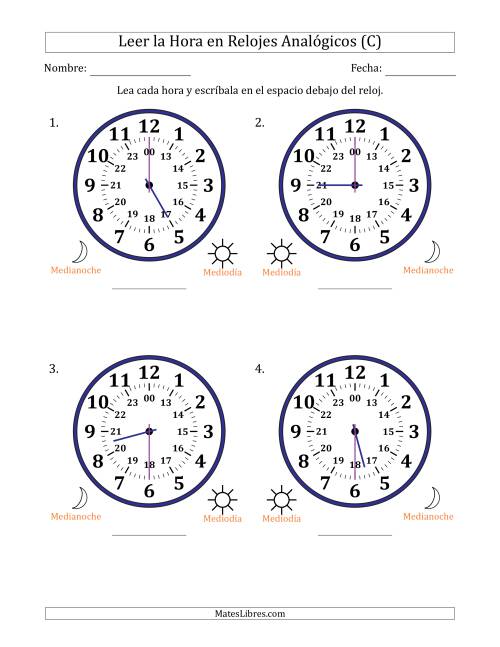 La hoja de ejercicios de Leer la Hora en Relojes Analógicos de 24 Horas en Intervalos de 30 Minuto (4 Relojes Grandes) (C)