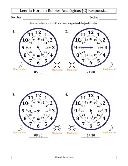 La hoja de ejercicios de Leer la Hora en Relojes Analógicos de 24 Horas en Intervalos de 30 Minuto (4 Relojes Grandes) (C) Página 2