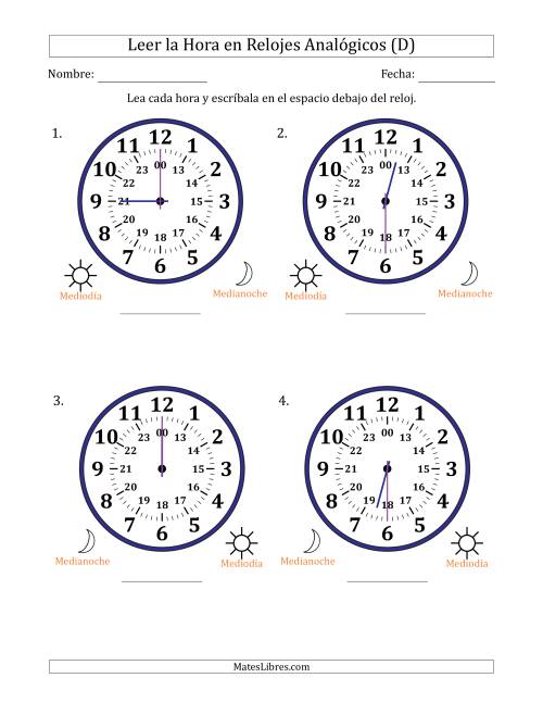 La hoja de ejercicios de Leer la Hora en Relojes Analógicos de 24 Horas en Intervalos de 30 Minuto (4 Relojes Grandes) (D)