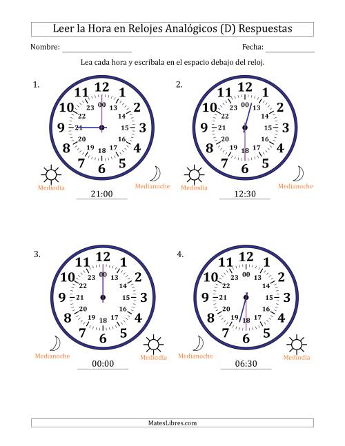 La hoja de ejercicios de Leer la Hora en Relojes Analógicos de 24 Horas en Intervalos de 30 Minuto (4 Relojes Grandes) (D) Página 2