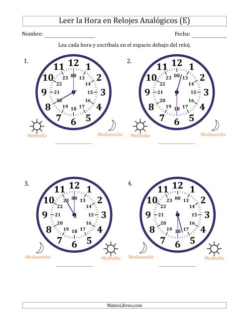La hoja de ejercicios de Leer la Hora en Relojes Analógicos de 24 Horas en Intervalos de 30 Minuto (4 Relojes Grandes) (E)