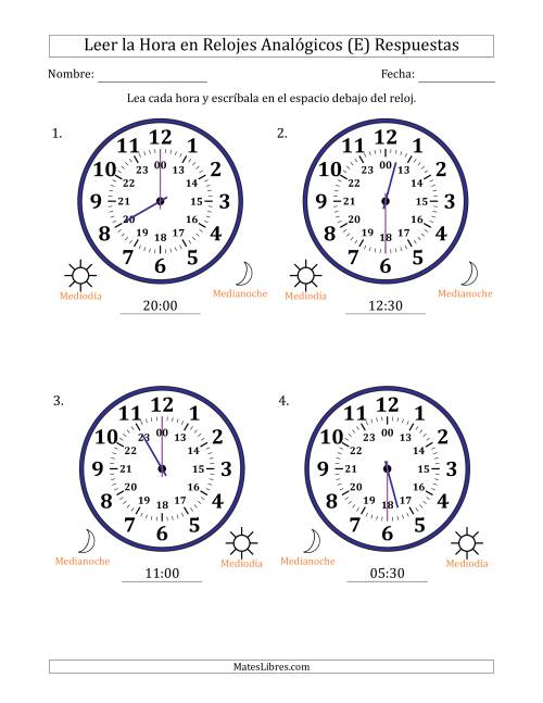 La hoja de ejercicios de Leer la Hora en Relojes Analógicos de 24 Horas en Intervalos de 30 Minuto (4 Relojes Grandes) (E) Página 2
