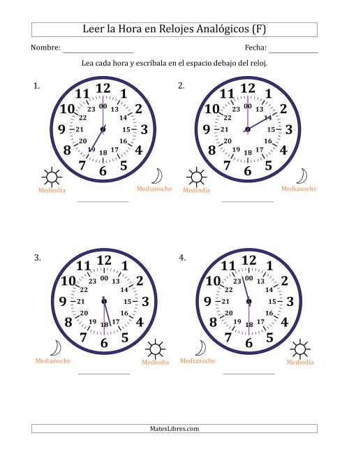 La hoja de ejercicios de Leer la Hora en Relojes Analógicos de 24 Horas en Intervalos de 30 Minuto (4 Relojes Grandes) (F)