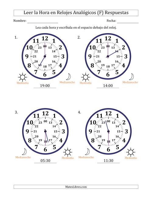 La hoja de ejercicios de Leer la Hora en Relojes Analógicos de 24 Horas en Intervalos de 30 Minuto (4 Relojes Grandes) (F) Página 2
