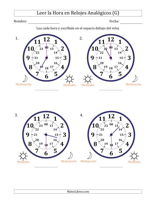 La hoja de ejercicios de Leer la Hora en Relojes Analógicos de 24 Horas en Intervalos de 30 Minuto (4 Relojes Grandes) (G)