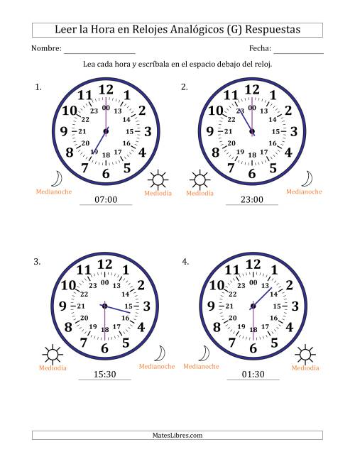 La hoja de ejercicios de Leer la Hora en Relojes Analógicos de 24 Horas en Intervalos de 30 Minuto (4 Relojes Grandes) (G) Página 2