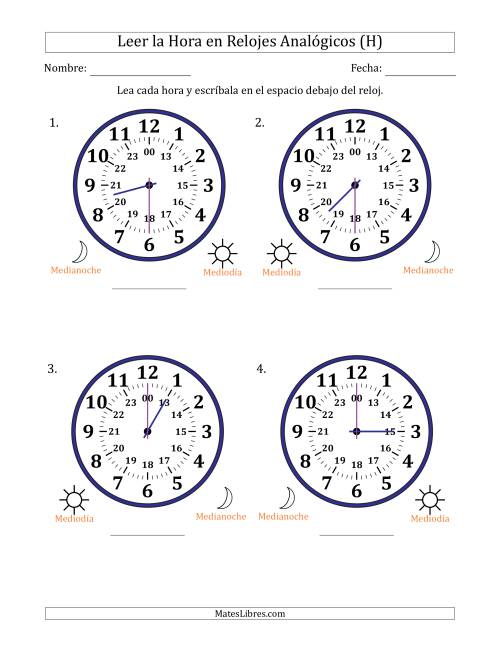 La hoja de ejercicios de Leer la Hora en Relojes Analógicos de 24 Horas en Intervalos de 30 Minuto (4 Relojes Grandes) (H)