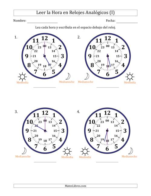 La hoja de ejercicios de Leer la Hora en Relojes Analógicos de 24 Horas en Intervalos de 30 Minuto (4 Relojes Grandes) (I)
