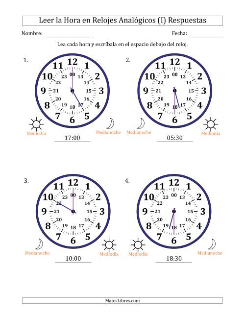 La hoja de ejercicios de Leer la Hora en Relojes Analógicos de 24 Horas en Intervalos de 30 Minuto (4 Relojes Grandes) (I) Página 2