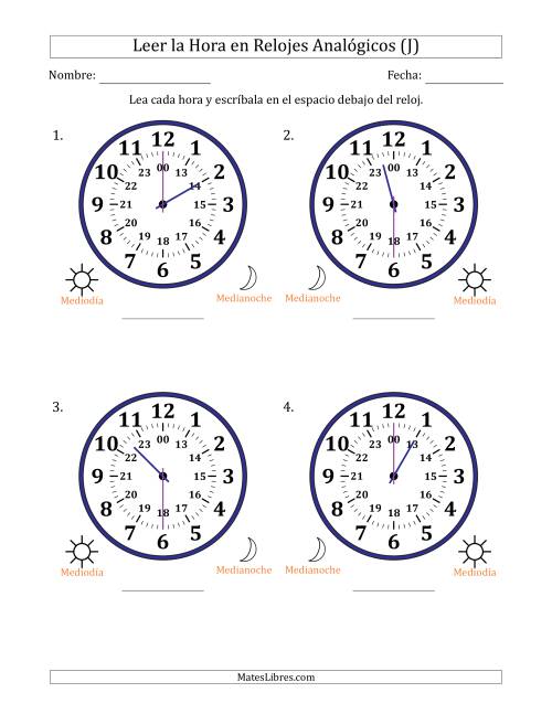 La hoja de ejercicios de Leer la Hora en Relojes Analógicos de 24 Horas en Intervalos de 30 Minuto (4 Relojes Grandes) (J)
