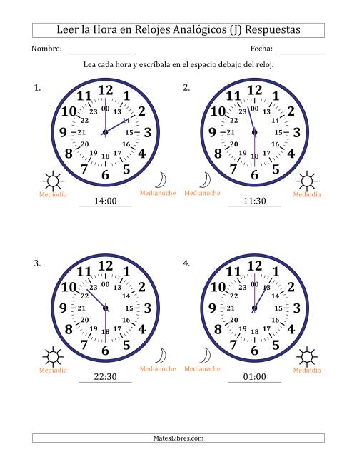 La hoja de ejercicios de Leer la Hora en Relojes Analógicos de 24 Horas en Intervalos de 30 Minuto (4 Relojes Grandes) (J) Página 2