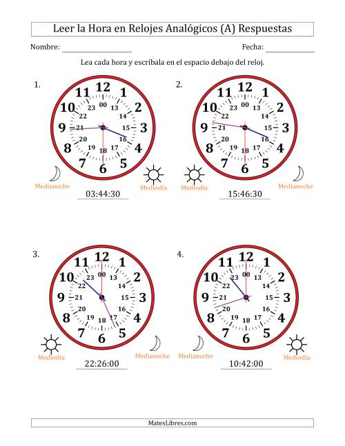 La hoja de ejercicios de Leer la Hora en Relojes Analógicos de 24 Horas en Intervalos de 30 Segundo (4 Relojes Grandes) (A) Página 2