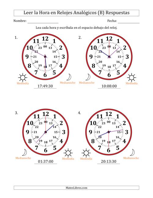 La hoja de ejercicios de Leer la Hora en Relojes Analógicos de 24 Horas en Intervalos de 30 Segundo (4 Relojes Grandes) (B) Página 2