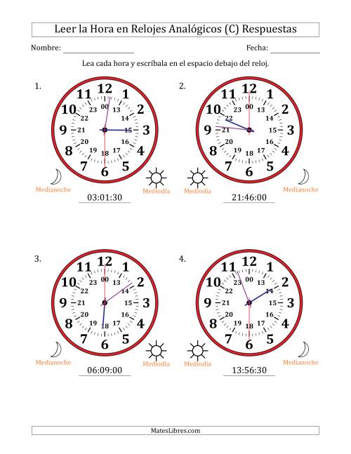 La hoja de ejercicios de Leer la Hora en Relojes Analógicos de 24 Horas en Intervalos de 30 Segundo (4 Relojes Grandes) (C) Página 2