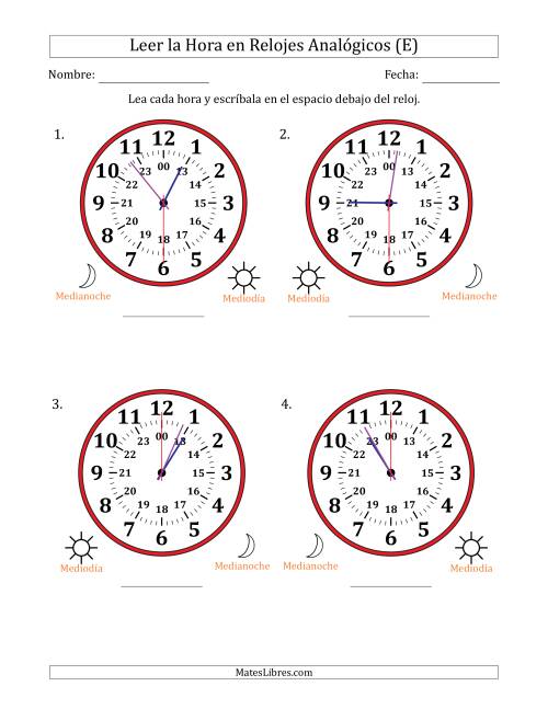 La hoja de ejercicios de Leer la Hora en Relojes Analógicos de 24 Horas en Intervalos de 30 Segundo (4 Relojes Grandes) (E)