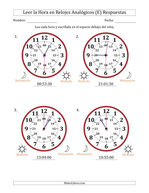 La hoja de ejercicios de Leer la Hora en Relojes Analógicos de 24 Horas en Intervalos de 30 Segundo (4 Relojes Grandes) (E) Página 2