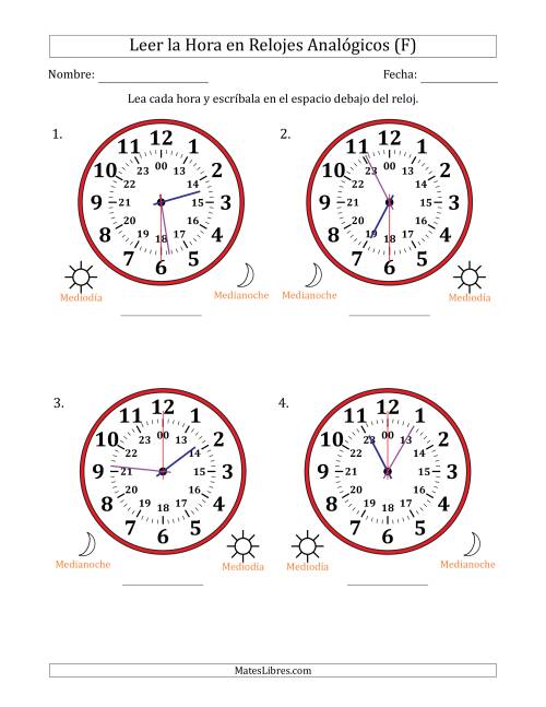 La hoja de ejercicios de Leer la Hora en Relojes Analógicos de 24 Horas en Intervalos de 30 Segundo (4 Relojes Grandes) (F)