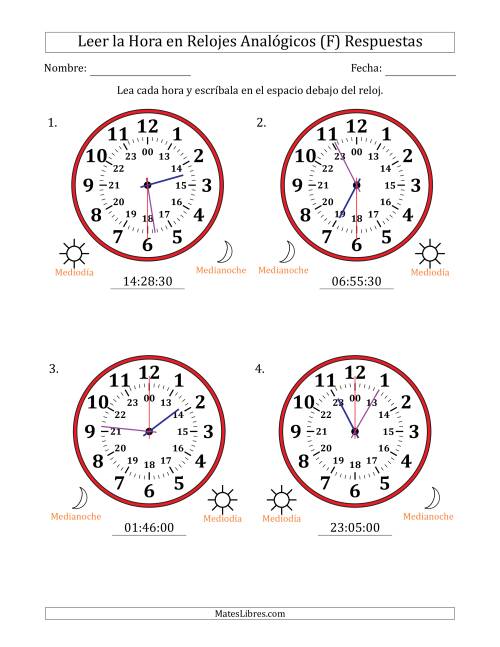 La hoja de ejercicios de Leer la Hora en Relojes Analógicos de 24 Horas en Intervalos de 30 Segundo (4 Relojes Grandes) (F) Página 2