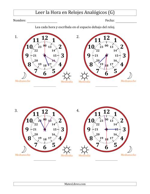 La hoja de ejercicios de Leer la Hora en Relojes Analógicos de 24 Horas en Intervalos de 30 Segundo (4 Relojes Grandes) (G)