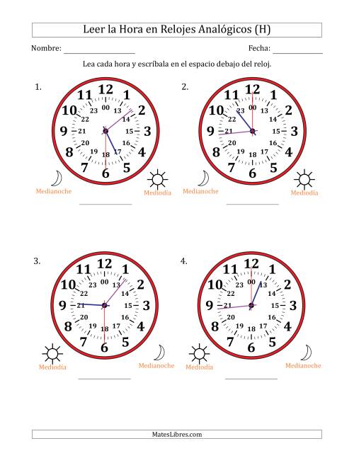 La hoja de ejercicios de Leer la Hora en Relojes Analógicos de 24 Horas en Intervalos de 30 Segundo (4 Relojes Grandes) (H)