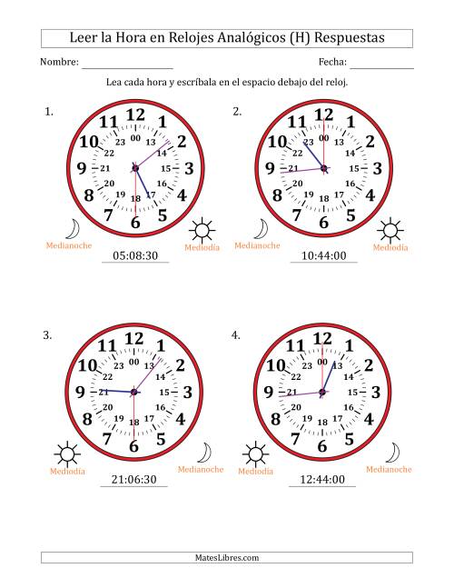 La hoja de ejercicios de Leer la Hora en Relojes Analógicos de 24 Horas en Intervalos de 30 Segundo (4 Relojes Grandes) (H) Página 2