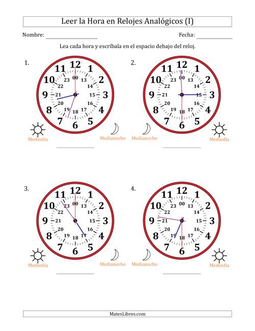 La hoja de ejercicios de Leer la Hora en Relojes Analógicos de 24 Horas en Intervalos de 30 Segundo (4 Relojes Grandes) (I)