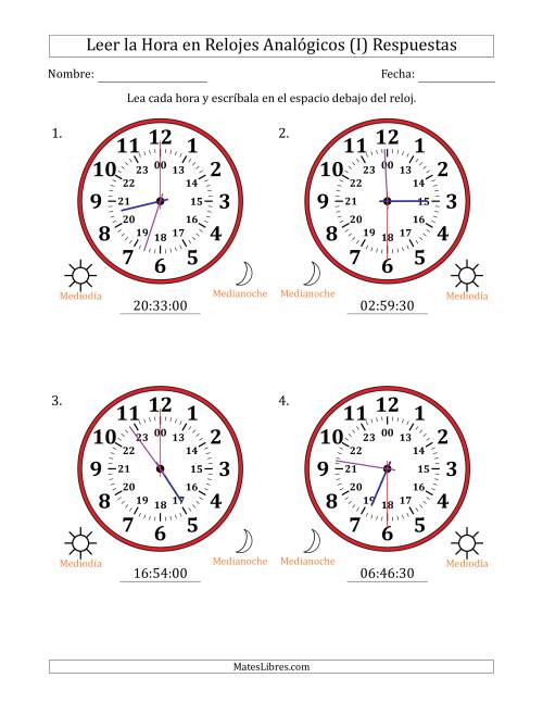 La hoja de ejercicios de Leer la Hora en Relojes Analógicos de 24 Horas en Intervalos de 30 Segundo (4 Relojes Grandes) (I) Página 2