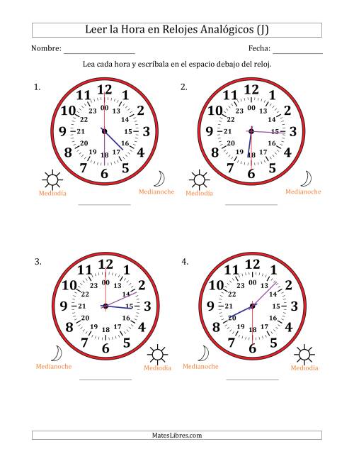 La hoja de ejercicios de Leer la Hora en Relojes Analógicos de 24 Horas en Intervalos de 30 Segundo (4 Relojes Grandes) (J)