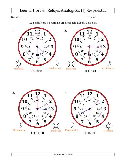 La hoja de ejercicios de Leer la Hora en Relojes Analógicos de 24 Horas en Intervalos de 30 Segundo (4 Relojes Grandes) (J) Página 2