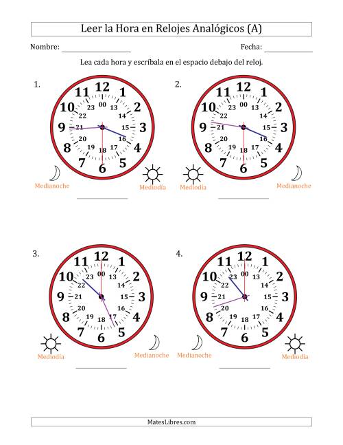 La hoja de ejercicios de Leer la Hora en Relojes Analógicos de 24 Horas en Intervalos de 30 Segundo (4 Relojes Grandes) (Todas)