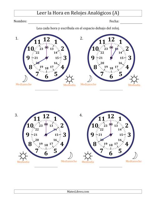 La hoja de ejercicios de Leer la Hora en Relojes Analógicos de 24 Horas en Intervalos de 1 Hora (4 Relojes Grandes) (A)