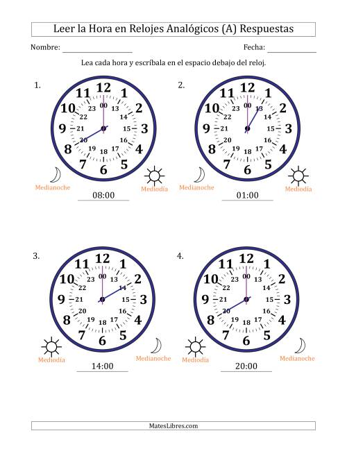 La hoja de ejercicios de Leer la Hora en Relojes Analógicos de 24 Horas en Intervalos de 1 Hora (4 Relojes Grandes) (A) Página 2