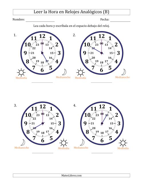 La hoja de ejercicios de Leer la Hora en Relojes Analógicos de 24 Horas en Intervalos de 1 Hora (4 Relojes Grandes) (B)