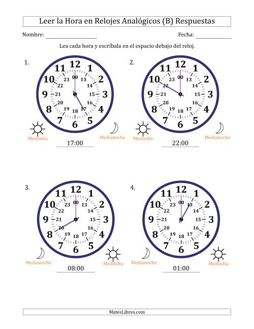 La hoja de ejercicios de Leer la Hora en Relojes Analógicos de 24 Horas en Intervalos de 1 Hora (4 Relojes Grandes) (B) Página 2