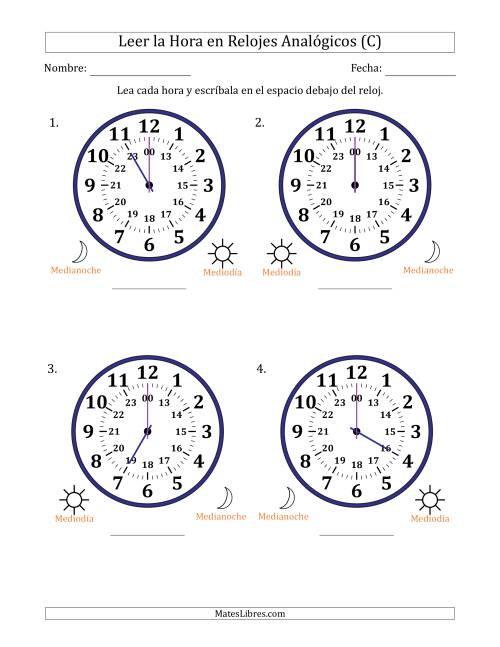 La hoja de ejercicios de Leer la Hora en Relojes Analógicos de 24 Horas en Intervalos de 1 Hora (4 Relojes Grandes) (C)